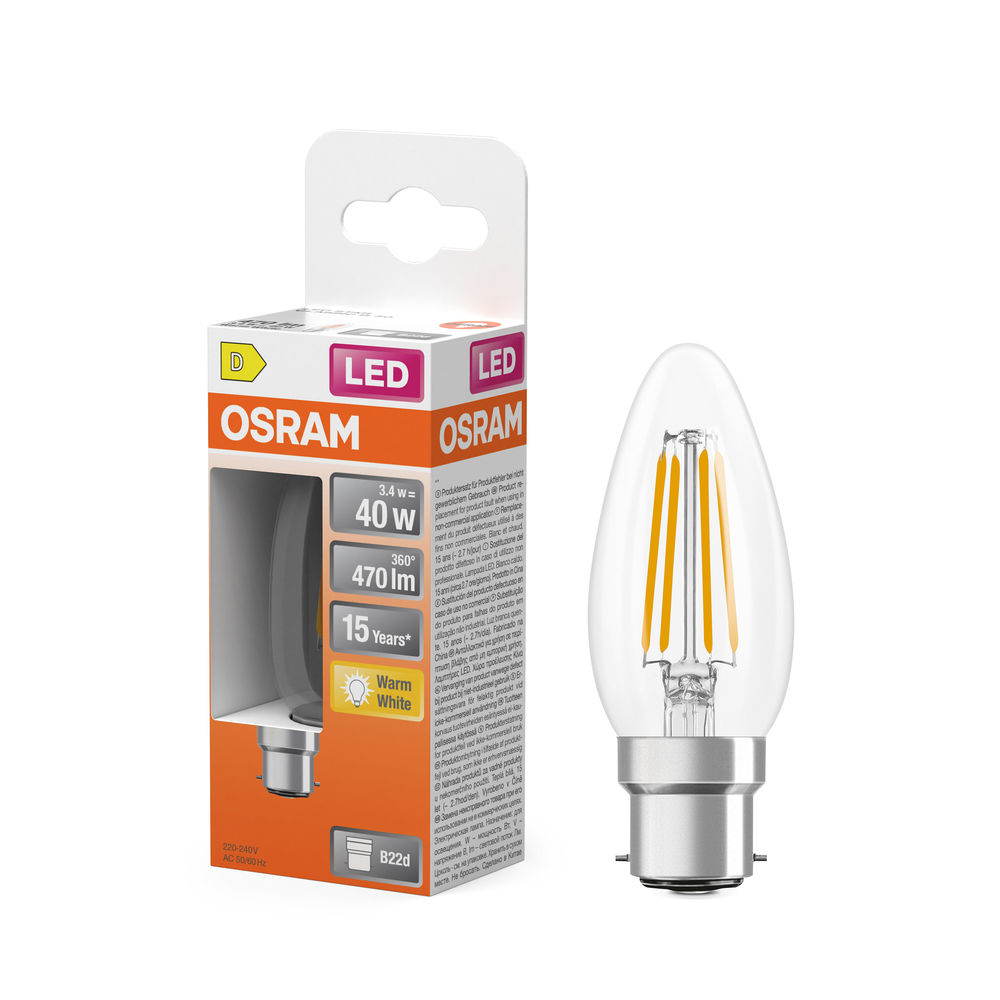 Ampoule LED Osram B22d flamme filament claire blanc chaud équivalent 40W