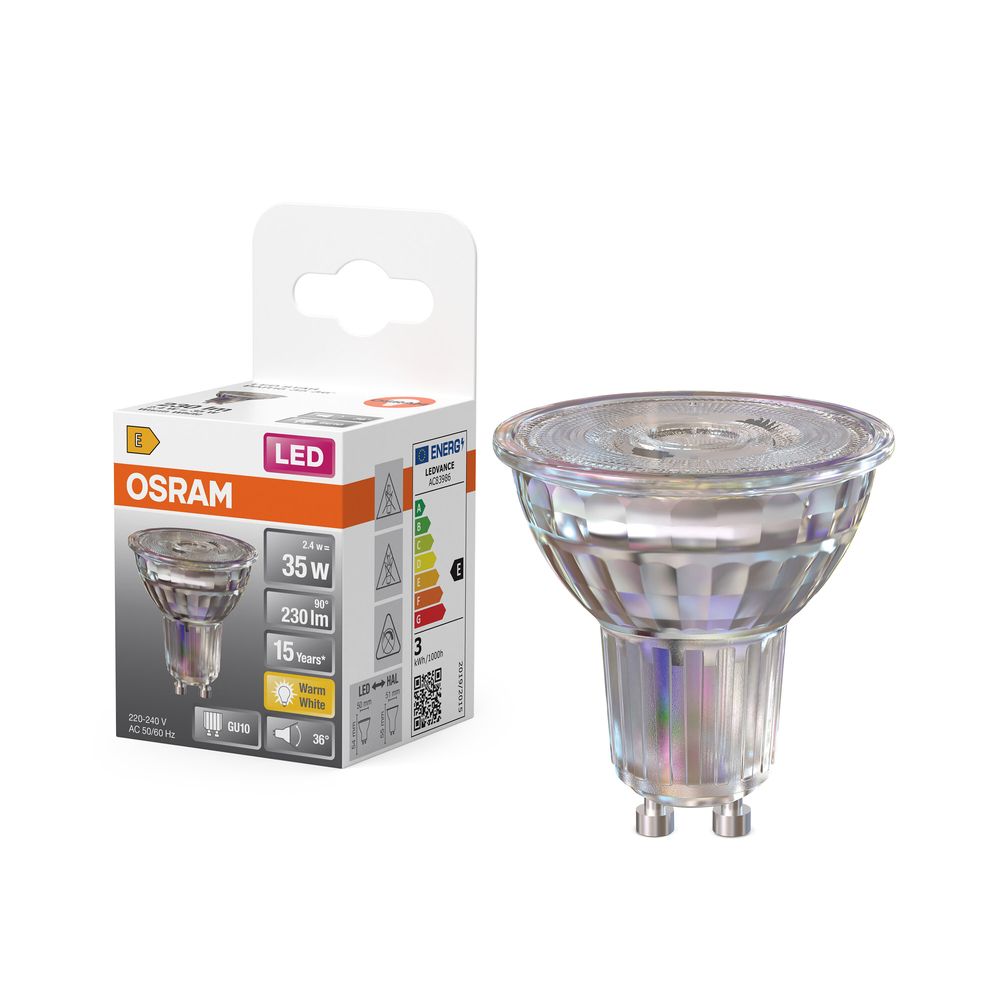 Ampoule LED Osram GU10 spot verre blanc chaud équivalent 35W