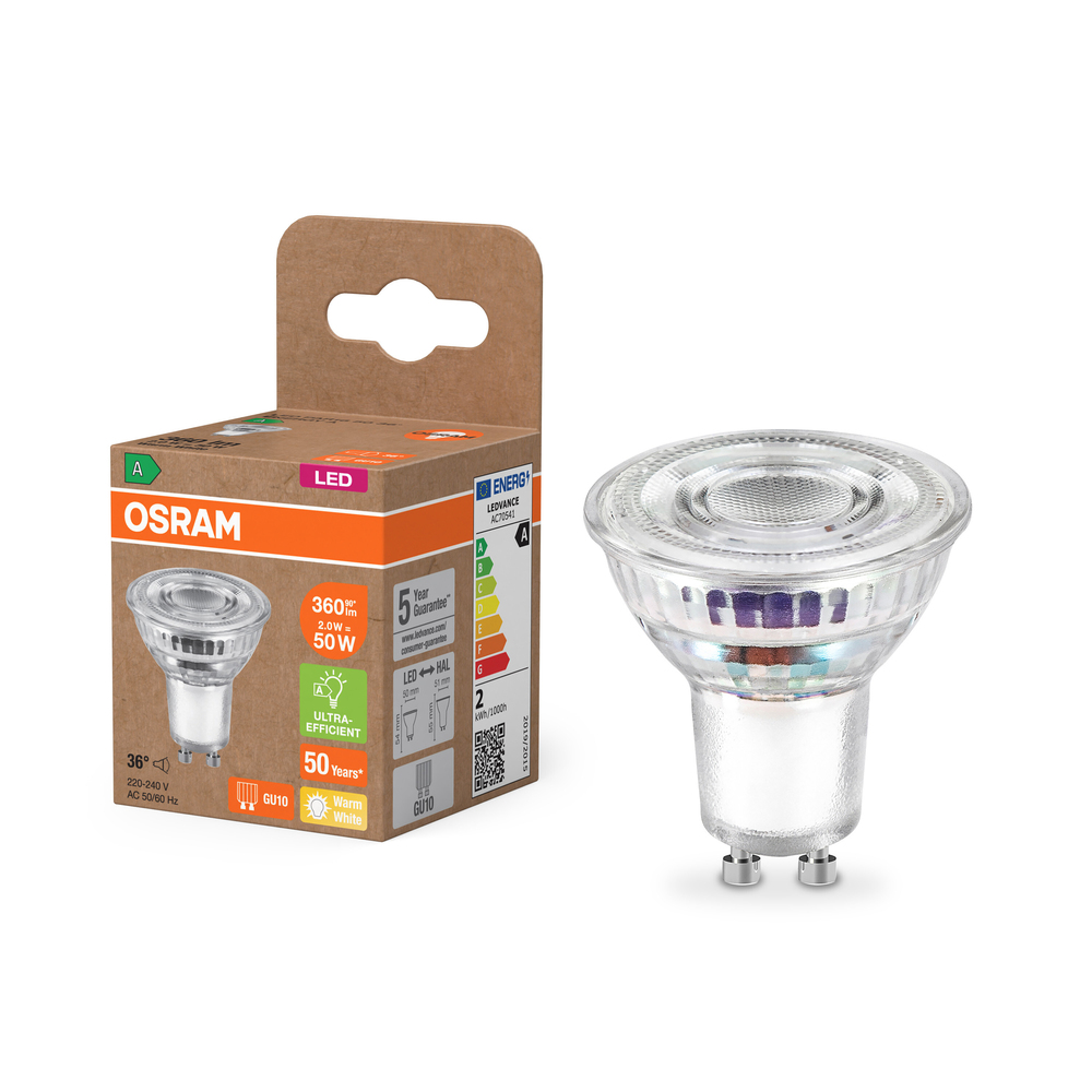 Ampoule LED Osram Spot GU10 2W équivalent 50W blanc chaud 360lm 36° classe A