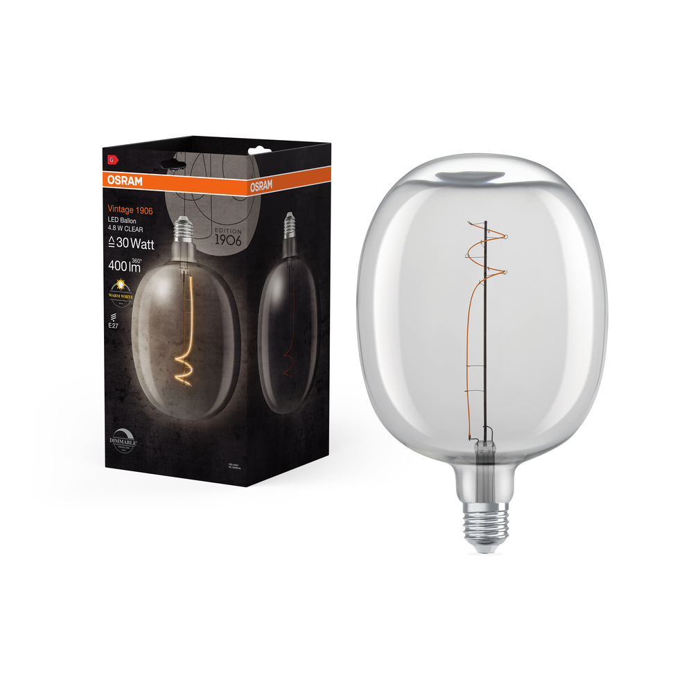 Ampoule LED grise Osram Vintage 1906 forme ballon verre clair filament 4.8W E27 dimmable