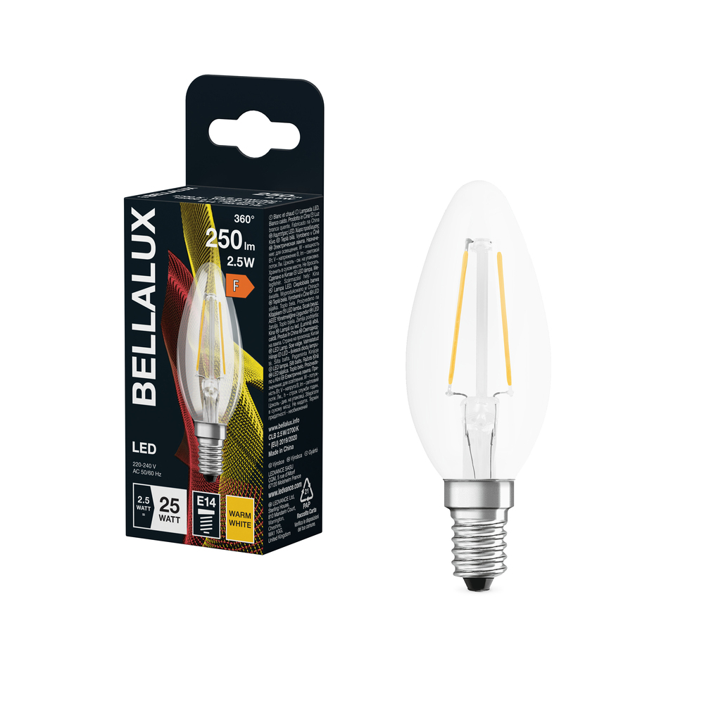Ampoule LED Bellalux flamme E14 filament claire 2.5W équivalent 25W blanc chaud 250lm