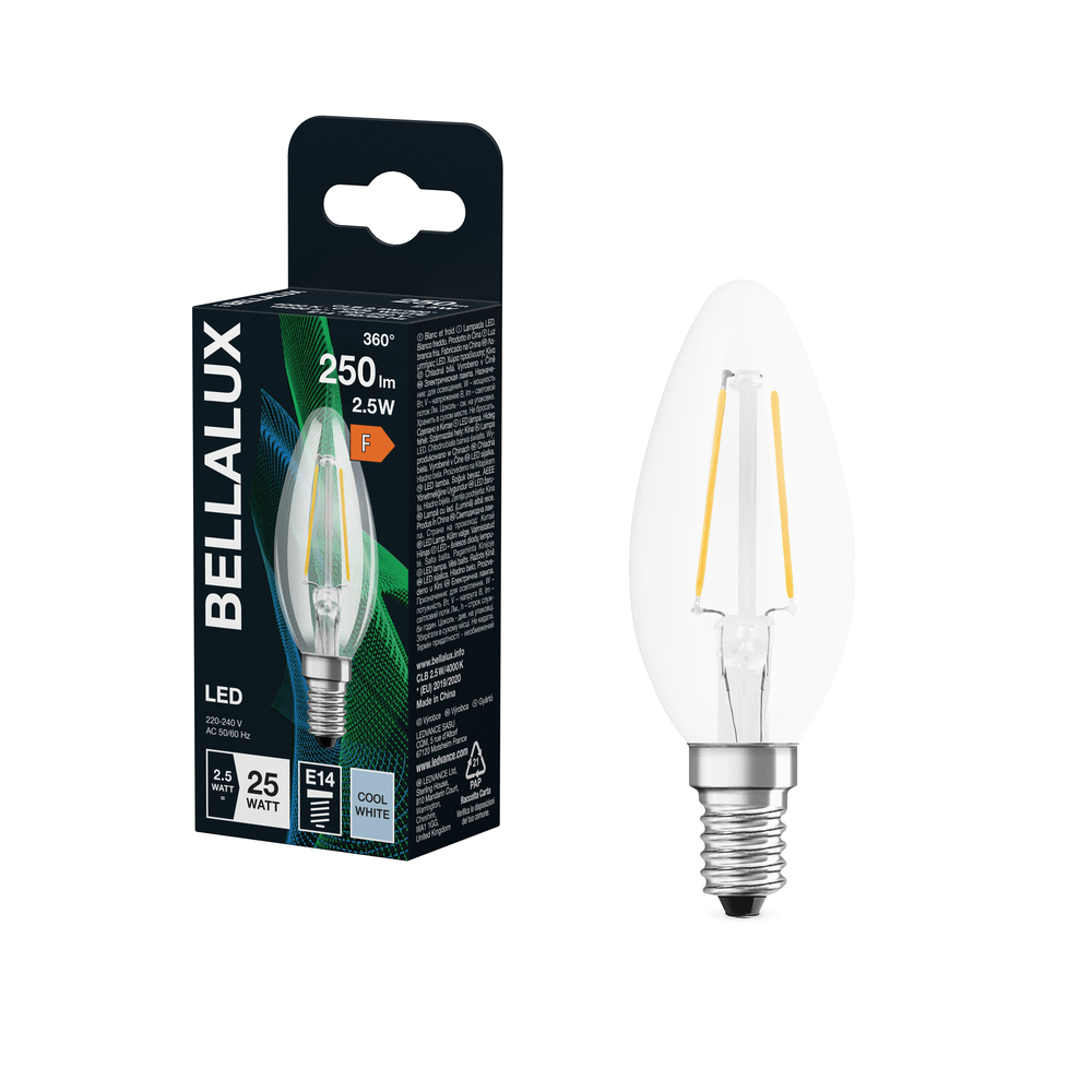 Ampoule LED Bellalux flamme E14 filament claire 2.5W équivalent 25W blanc froid 250lm