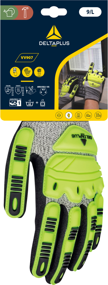 Gants de protection Delta Plus VV907 anti-impact haute visibilité avec renforts jaunes et noirs.