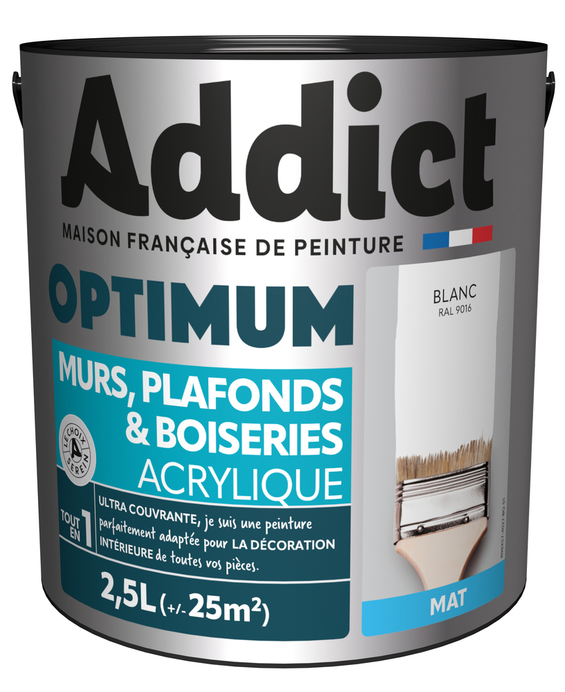 Pot de peinture acrylique Addict Optimum blanc mat de 2,5L pour murs, plafonds et boiseries.