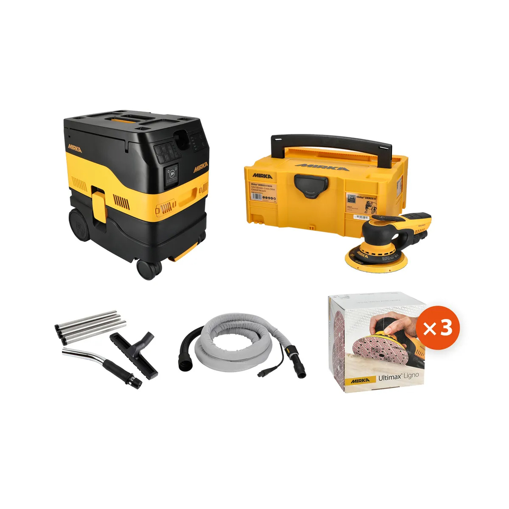 Pack complet Mirka comprenant une ponceuse orbitale, un extracteur de poussière, une mallette de transport et des accessoires de ponçage.