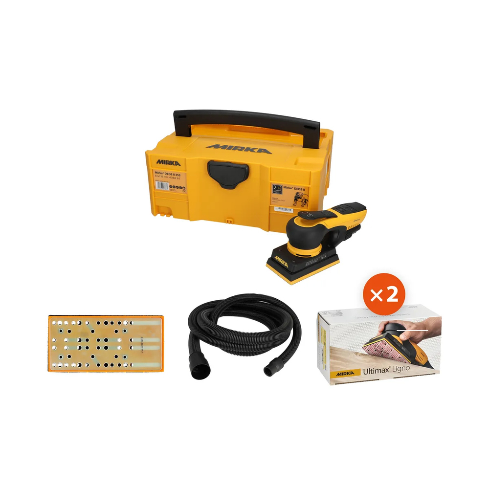 Pack complet Mirka comprenant une ponceuse rectangulaire, une mallette de transport jaune, un tuyau d'aspiration et des abrasifs Ultimax Ligno.