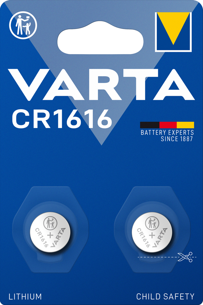 Blister de 2 piles boutons lithium Varta CR1616 avec sécurité enfant.