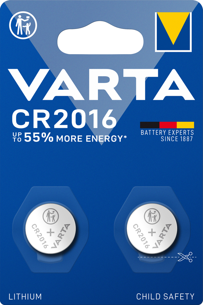 Blister de 2 piles boutons lithium Varta CR2016 avec sécurité enfant.