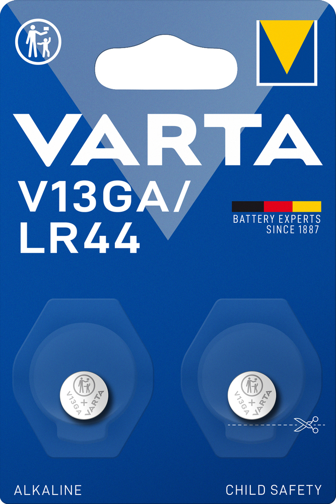 Blister de 2 piles boutons alcalines Varta V13GA / LR44 avec sécurité enfant.