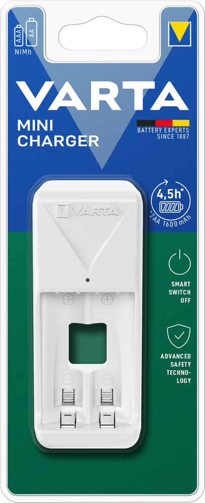 Chargeur de piles compact Varta Mini Charger pour 2 piles rechargeables AA ou AAA NiMH.