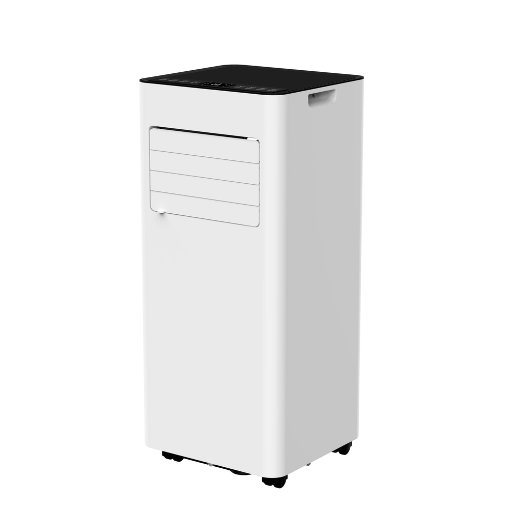 Climatiseur mobile monobloc blanc au design vertical avec grille de ventilation frontale et panneau de commande supérieur noir.