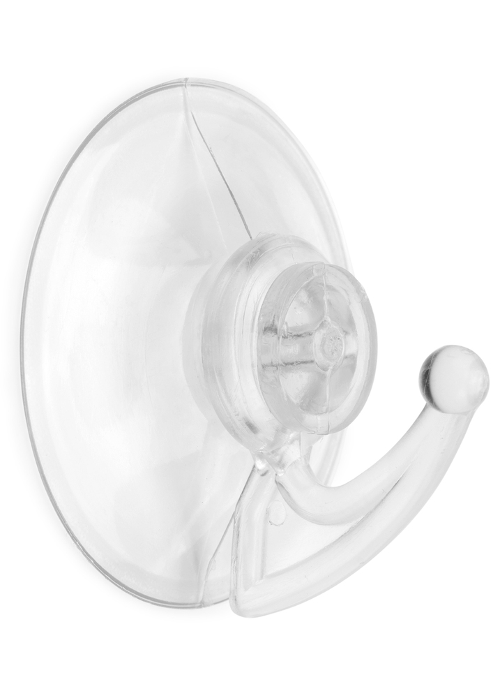 Crochet ventouse plastique transparent, idéal pour cuisine et salle de bain.