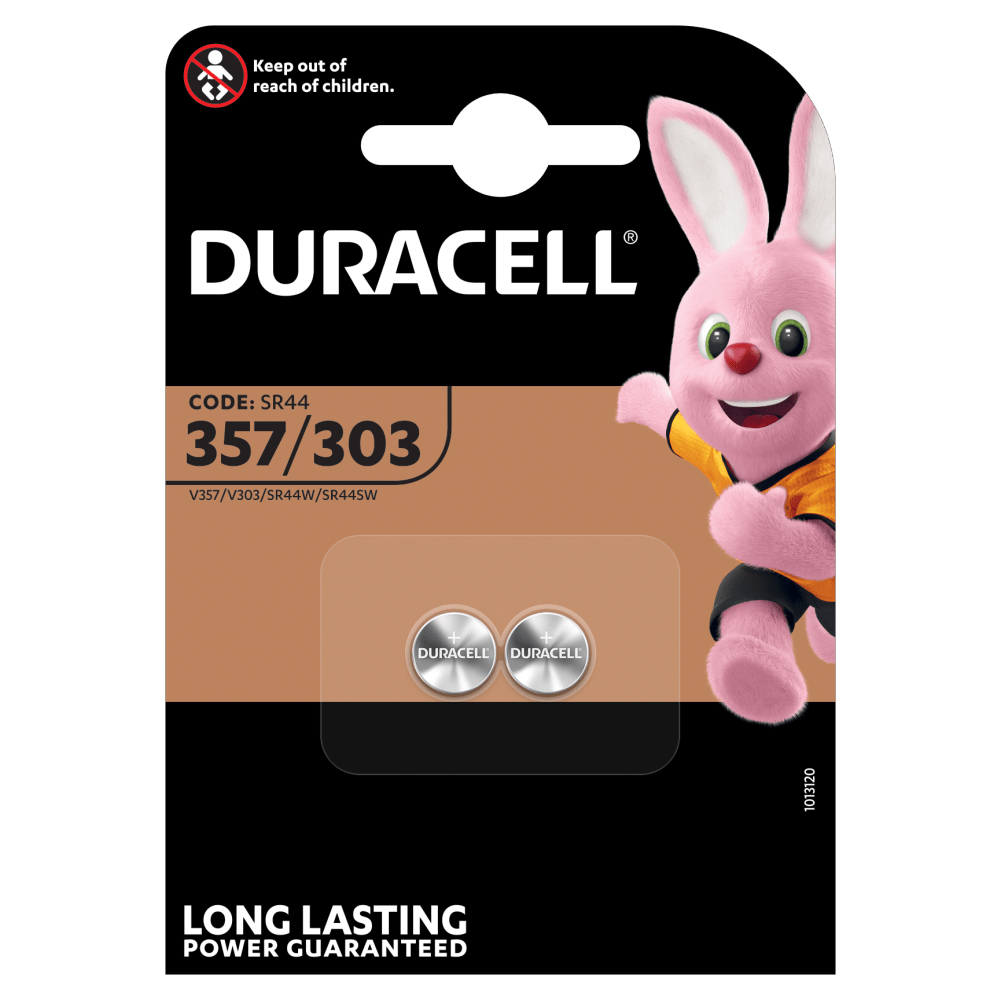 Pack de deux piles boutons Duracell 357/303, compatibles avec les formats SR44, V357, V303, SR44W et SR44SW.