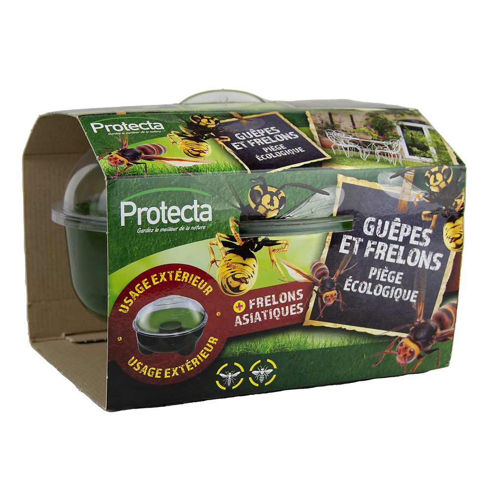 Piège écologique à guêpes et frelons Protecta bicolore pour usage extérieur dans son emballage cartonné.