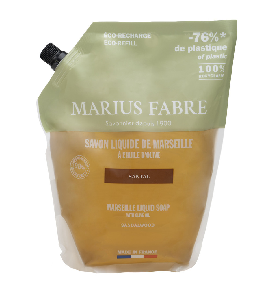 Savon Liquide de Marseille Santal 1L  Marius Fabre en flacon éco-recharge pour les mains et le corps
