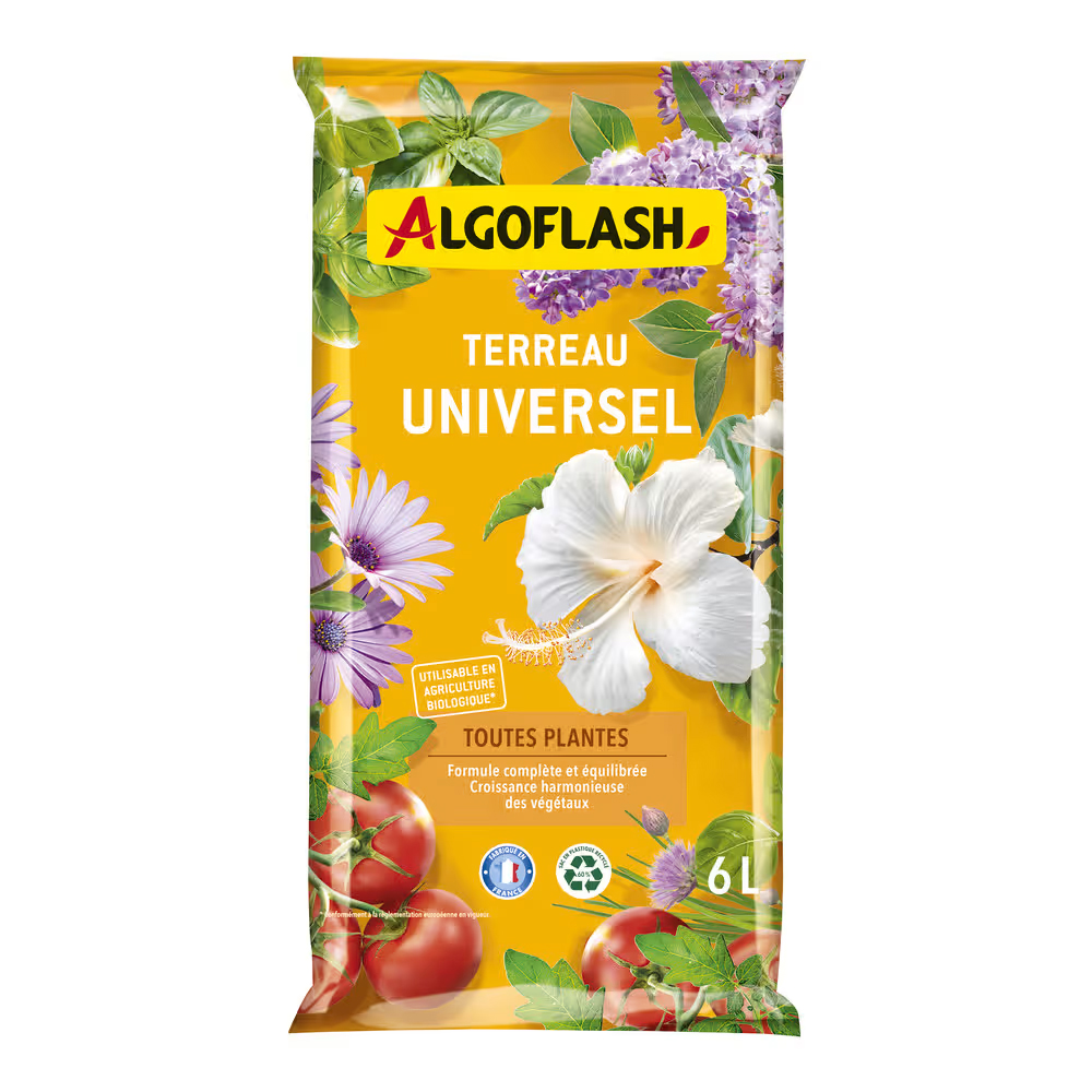Sac de 6 litres de terreau universel Algoflash pour toutes plantes, utilisable en agriculture biologique.