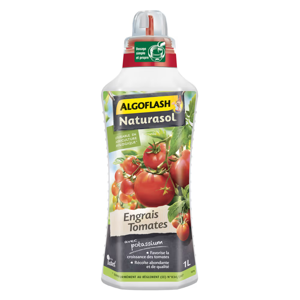 Flacon de 1 litre d'engrais tomates Algoflash Naturasol avec potassium, utilisable en agriculture biologique.