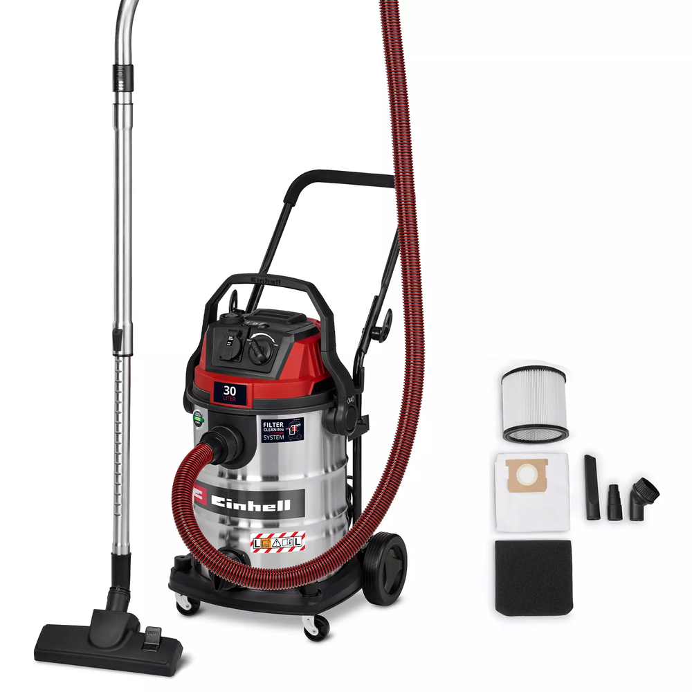 Aspirateur eau et poussière Einhell avec cuve en inox de 30 litres, flexible rouge et noir et divers accessoires de nettoyage
