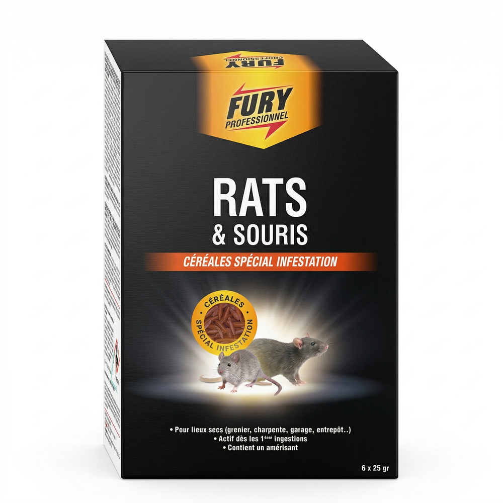 Produit raticide et souricide Fury Professionnel sous forme de céréales pour l'élimination des rats et souris