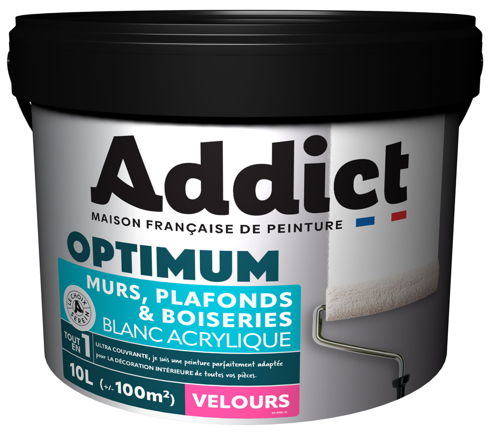 Pot de peinture Addict Optimum Velours blanc de 10L pour murs plafonds et boiseries.
