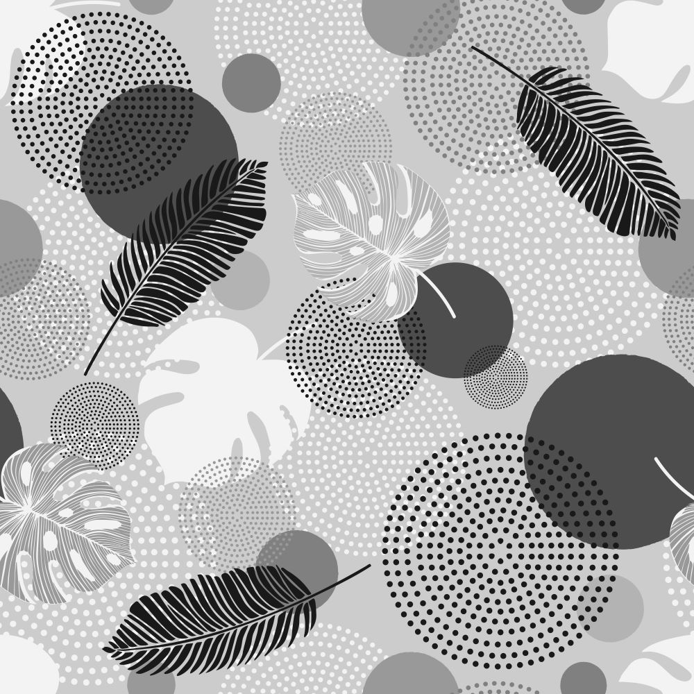 Nappe ronde 160 cm en polyester avec motif végétal graphique noir, gris et blanc, associant feuillages stylisés et formes abstraites pour une décoration moderne et épurée.