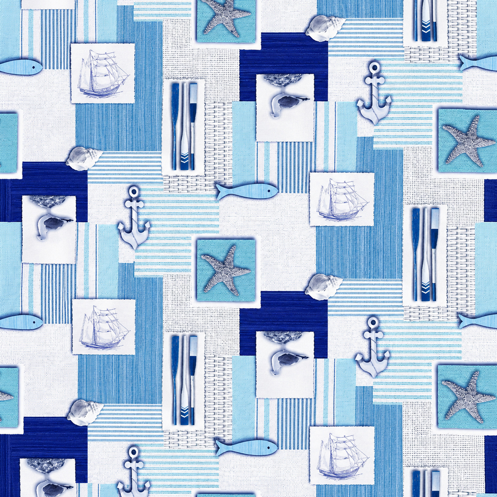 Nappe rectangulaire 140 cm x 240 cm en polyester avec motif marin graphique aux nuances de bleu, décorée d’étoiles de mer, ancres et voiliers pour une ambiance bord de mer moderne.