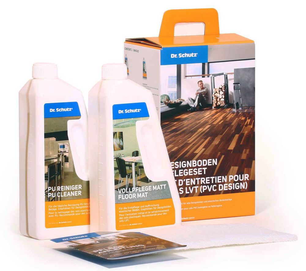 Kit Nettoyant LVT / PVC avec 1 bidon d'Entretien, 1 bidon de Polish Mat et 1 Pad Blanc