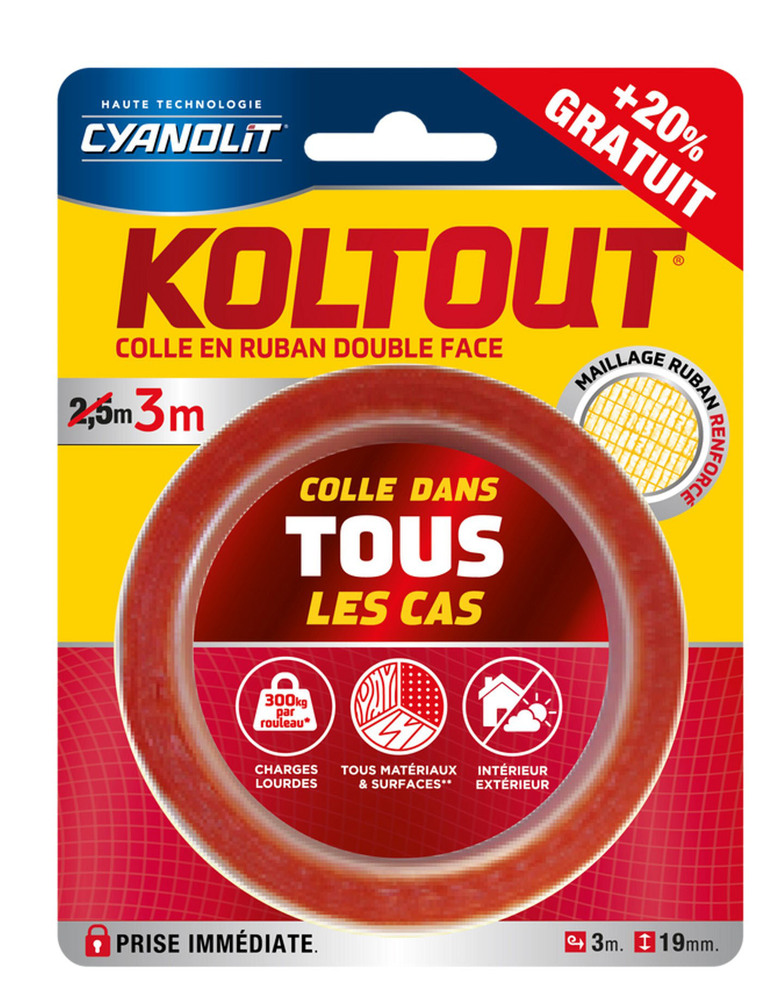 À l'unité Koltout Ruban Double Face Colle Dans Tous Les Cas 3 m x 19 mm (20% gratuit)