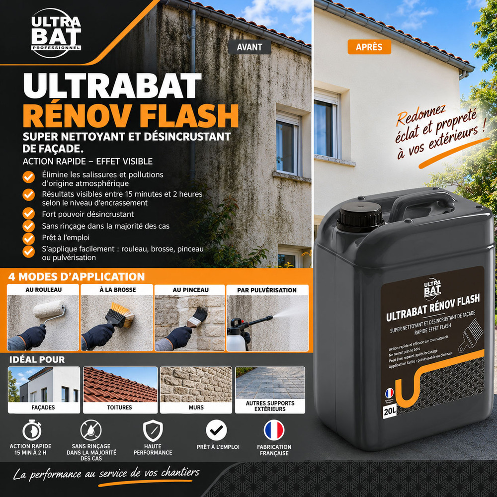 Pulvérisation et résultats du produit nettoyant rapide de façade Ultrabat Renov Flash