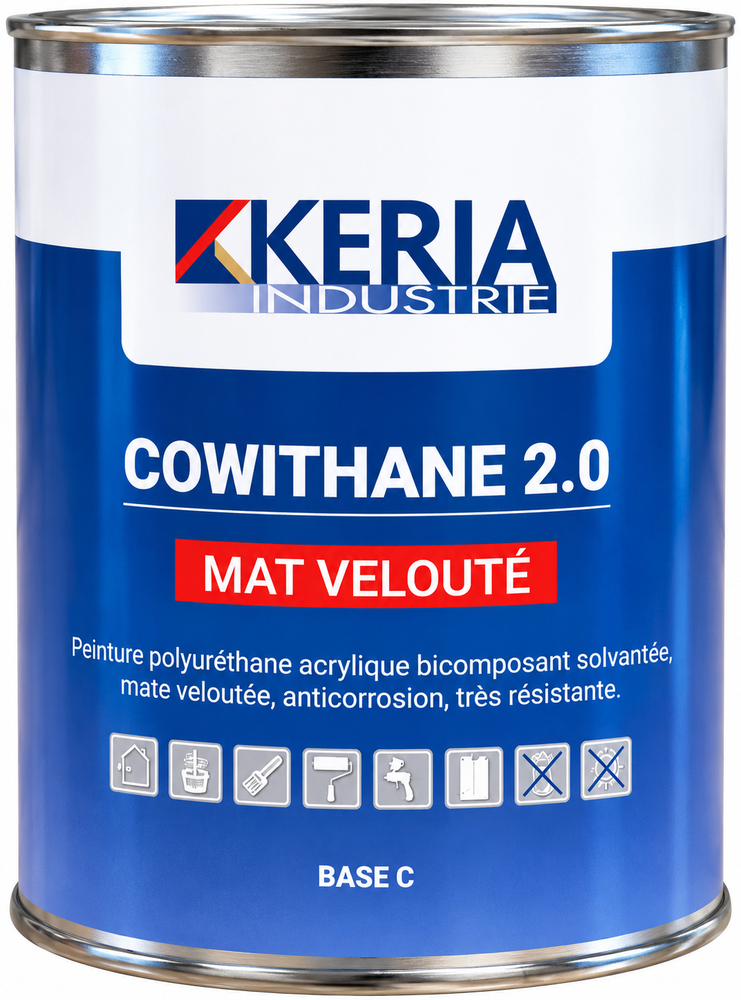 Cowithane 2.0 Mat Velouté, peinture bicomposante anticorrosion en phase solvant, à base de résines polyuréthanes acryliques.