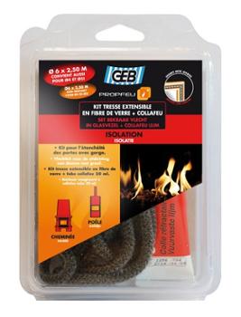 Kit Propfeu tresse en fibre de verre extensible blanche 8 mm x 2.5 m avec colle Collafeu 20 ml pour l'étanchéité et l'isolation thermique.