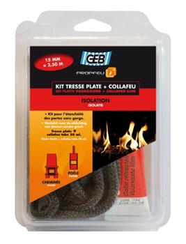 Kit Propfeu Tresse Plate en Fibre de Verre 15 mm x 3 mm x 2.5 m et adhésif Collafeu 20 ml, pour isolation thermique et étanchéité de cheminées ou poêles.