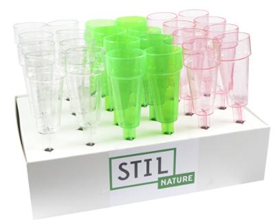 Présentoir de 12 mini pluviomètres transparents pour le jardin, idéal pour mesurer précisément les précipitations.