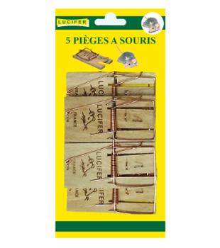 Lot de 5 pièges à souris traditionnels avec socle en bois, présentés sur carte