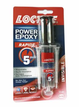 Colle époxy Power Epoxy Rapide 5 minutes invisible en seringue de 11 ml pour assemblages solides et discrets
