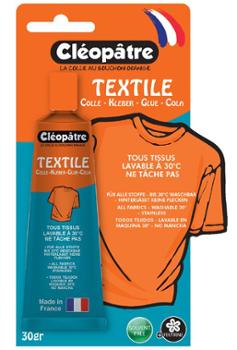 Colle textile Cléopâtre Cléo'Tech en tube de 30g sous blister, forte et lavable pour loisirs créatifs
