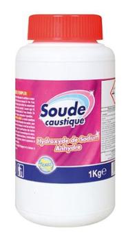 Pot de soude caustique hydroxyde de sodium anhydre 1 kg en granulés blancs pour déboucheur canalisations.