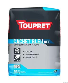 Sac de 25 kg d'enduit de lissage et de finition Cachet Bleu Gain de Temps NFE en poudre, idéal pour les murs intérieurs et une application rapide.