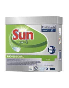 Tablettes lave-vaisselle Sun Professionnel Tout en 1 Eco, boîte de 100 unités, pour une vaisselle éclatante.