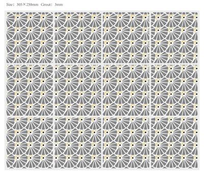 Toile cirée Déco Manon grise avec motifs, 140 cm de large, présentée en rouleau de 20 mètres.