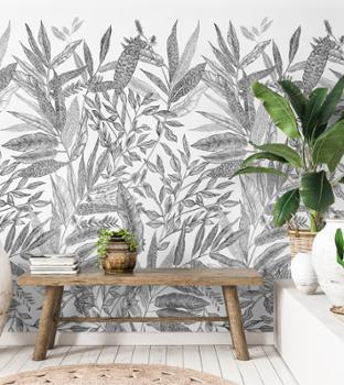 Papier peint panoramique Branca Jungle noir et blanc, motif feuilles tropicales, 159 x 280 cm