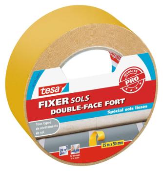 Rouleau d'adhésif double face Fixer Sols fort, spécial sols lisses, 25 mètres x 50 mm, pour fixation durable.