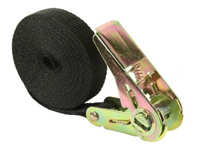 Sangle de fixation noire 25 mm x 5 m avec tendeur à cliquet, vendue en sachet cavalier.