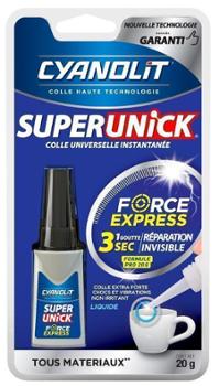 Colle cyanoacrylate liquide Superunick Force Express Formule Pro 20g, séchage ultra-rapide pour assemblages puissants.