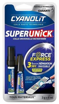 Colle cyanoacrylate bi-composant Superunick Force Express liquide 3g pour plastiques difficiles, avec embout de précision pour collages ultra-résistants.