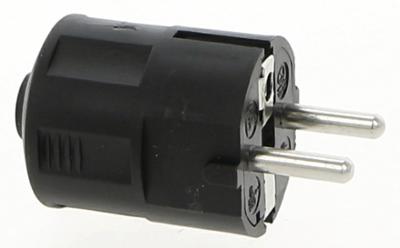 Fiche universelle mâle 16A noire avec prise de terre pour raccordement électrique.