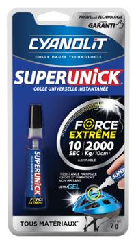 Colle instantanée Superunick Extrême en tube de 7g sous blister, colle cyanoacrylate à séchage rapide pour fixations solides.