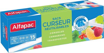 Alfapac 15 Sacs Curseur Réutilisables Petits Modèles 1L, emballages ménagers pour conserver et congeler les aliments
