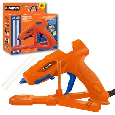Pistolet à colle chaude mini Cléo'GUN FIX pour le bricolage et les loisirs créatifs, présenté avec son support