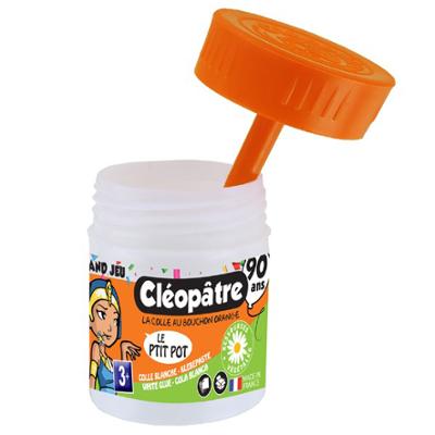 Colle blanche Cléopâtre en petit pot avec spatule intégrée, idéale pour les activités créatives des enfants.